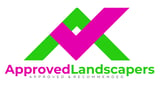 Approved Landscapers logo with green and magenta geometric shapes forming mountains and checkmark with text
