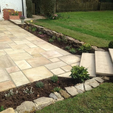 Backyard patio with stone pavers, garden beds with plants, brick planter, and manicured lawn